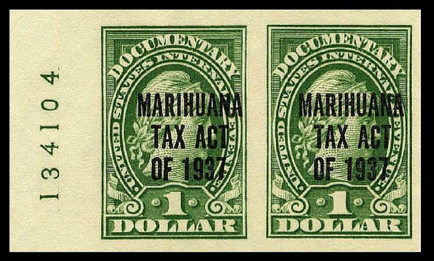 A tax stamp for marijuana; marked with a green dollar bill face and the words, "Marihuana Tax Act of 1937"