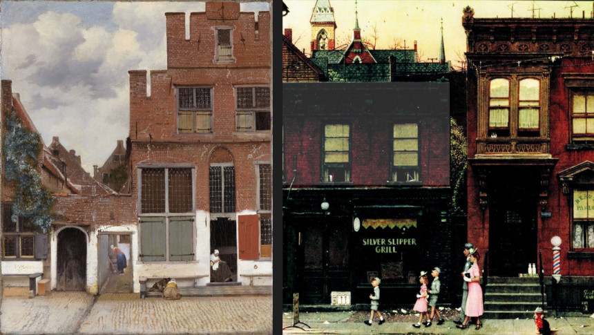 Norman Rockwell's cover of a family walking to church on a sleepy city street has a similar setting to a Vermeer painting.