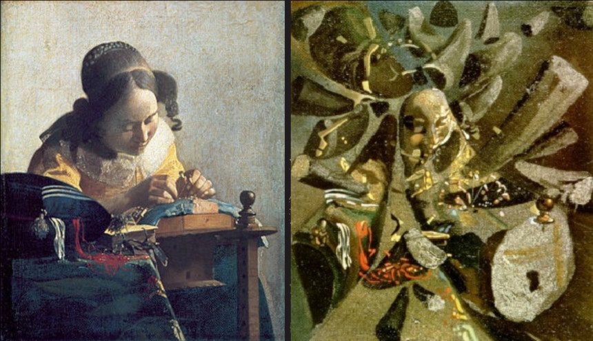 This image shows how Dali created a painting based on one of Vermeer's work.