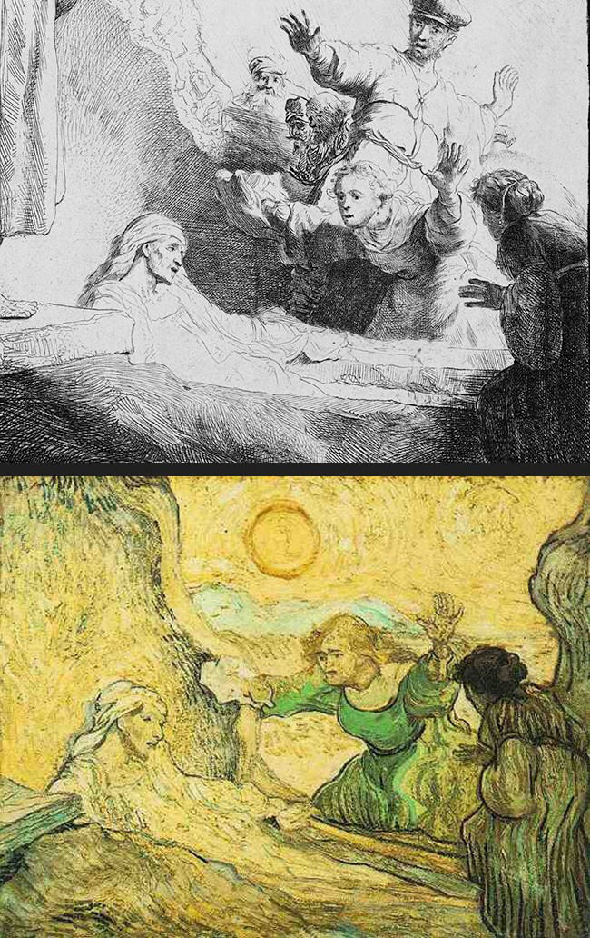 A comparison of two versions of the painting, Lazarus: Rembrandt's illustration, at the top; Van Gogh's rendition, at the bottom.