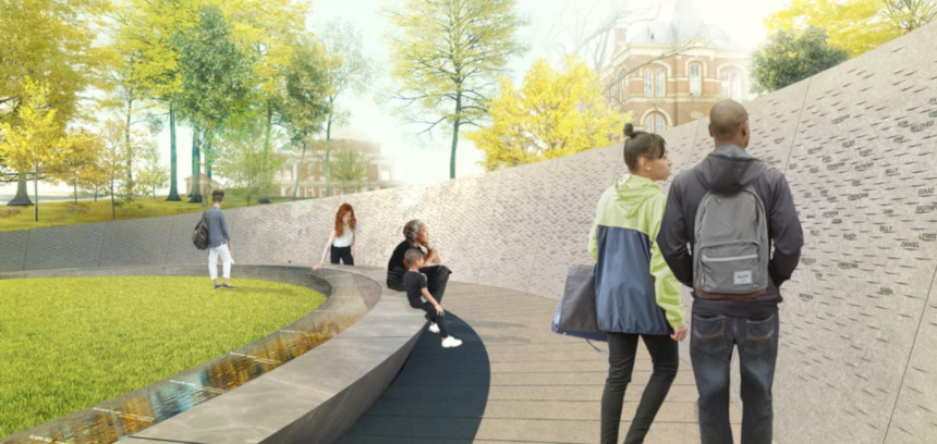 An artist's conception of a planned memorial for enslaved laborers at the University of Virginia, showing students viewing the memorial and studying on benches near it.