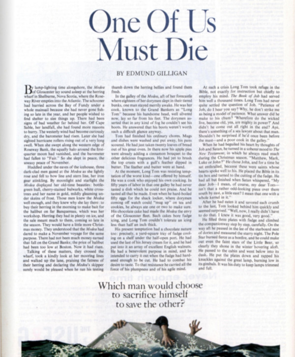 First page of the fiction story, "One of Us Must Die," as it appeared in The Saturday Evening Post. This links to the full story.