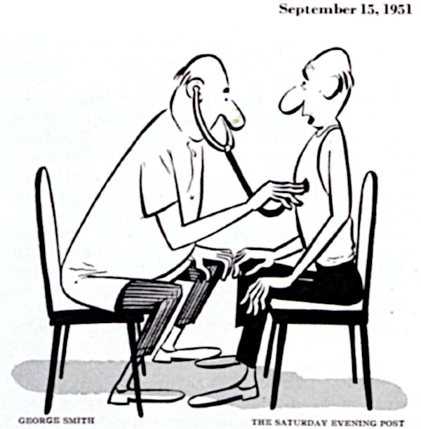 Patient speaks to his doctor while he is pressing a stethoscope against his chest.