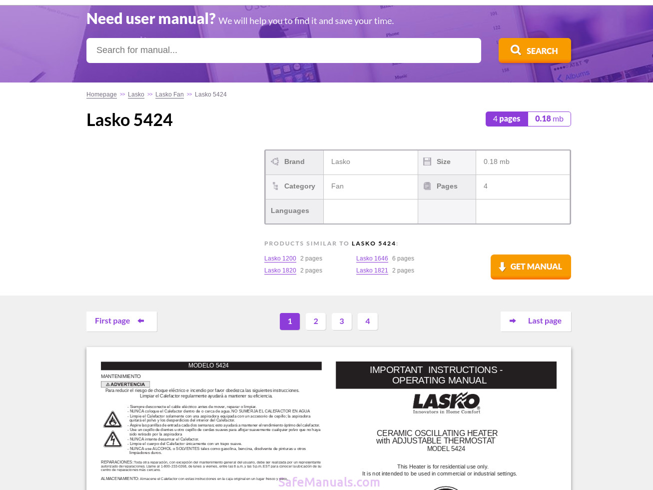 The page for a Lasko 5424 manual on SafeManuals.com; includes both the embedded manual, and a PDF download link.