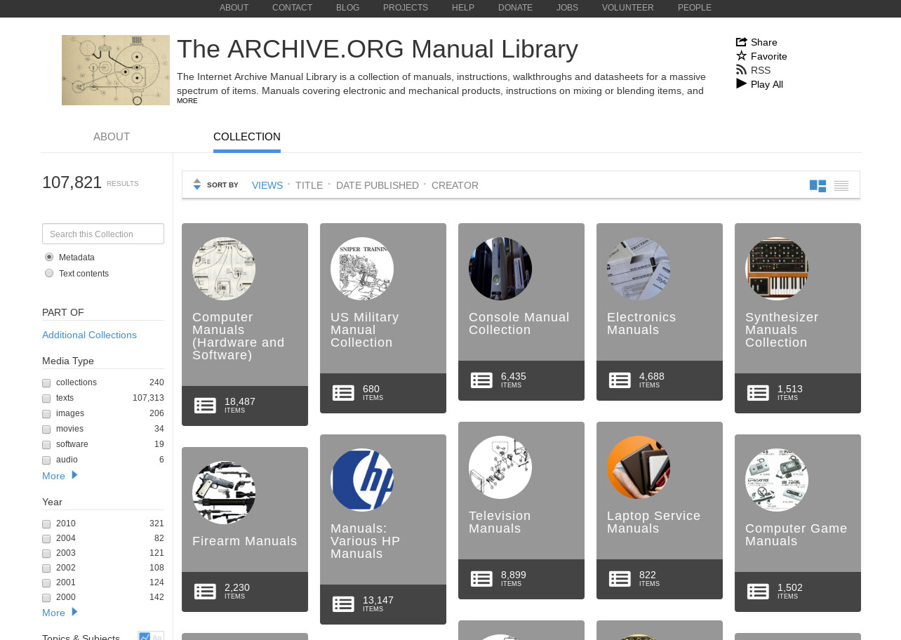 Screenshot of the homepage for the Internet Archive's online manual library