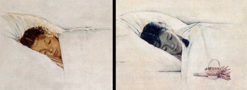 Close-up detail from the Norman Rockwell illustration, "A Day in the life of a girl". It shows how Rockwell portrayed the morning sun and the moonlight as they reflect off the girl's face at different times of the day.