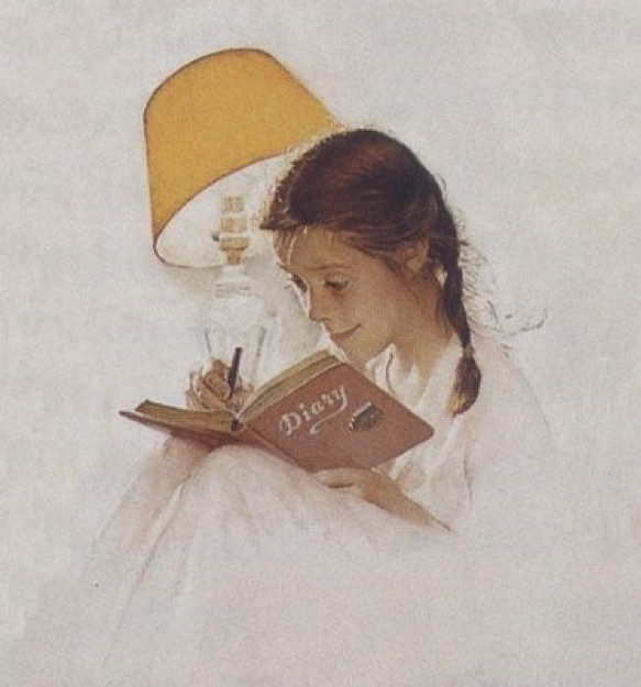 A detail from the Norman Rockwell illustration, "A Day in the Life of a Girl", which shows the girl writing in her diary next to a lamp with its shade turned away from her. This close-up shows how the artificial light affects the scene.