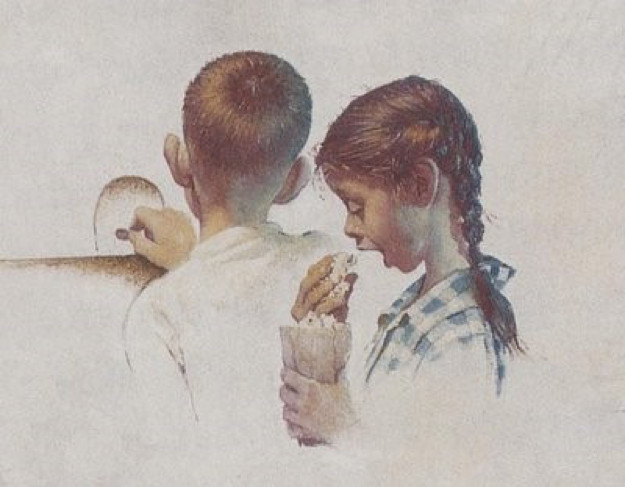 A detail from the Norman Rockwell illustration, "A Day in the Life of a Girl". It shows how a movie theatre's marquee lights shine on the girl and her boyfriend as they pay for their tickets.