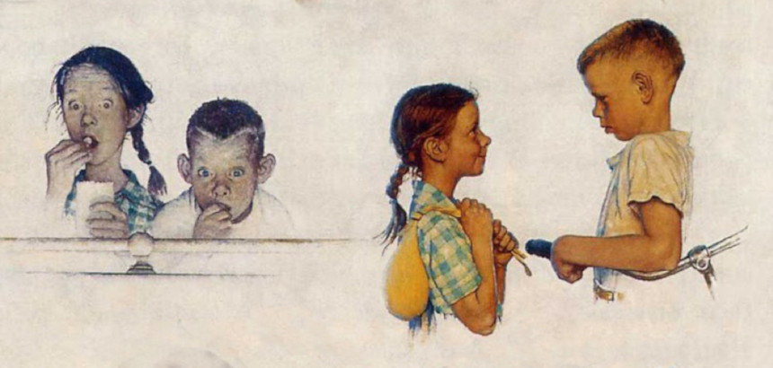 A detail from the Norman Rockwell illustration, "A Day in the Life of a Girl". It shows how the light from a movie screen and the front porch affects the scenes.