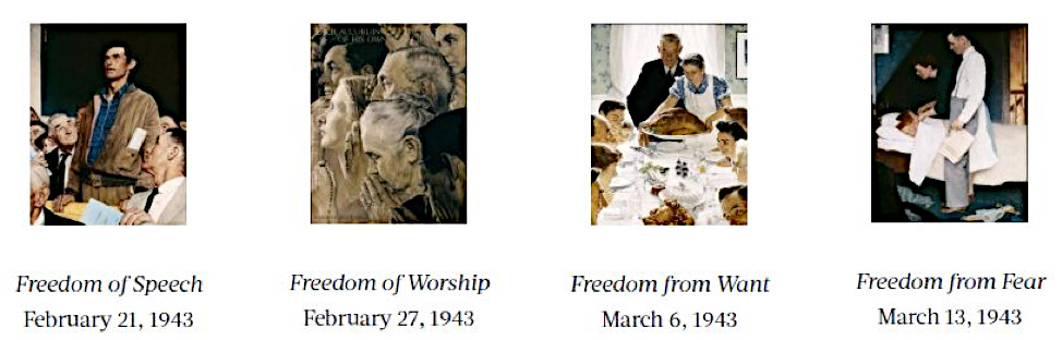 Image of four, thumbnail-sized copies of Norman Rockwell's "Four Freedom" series.