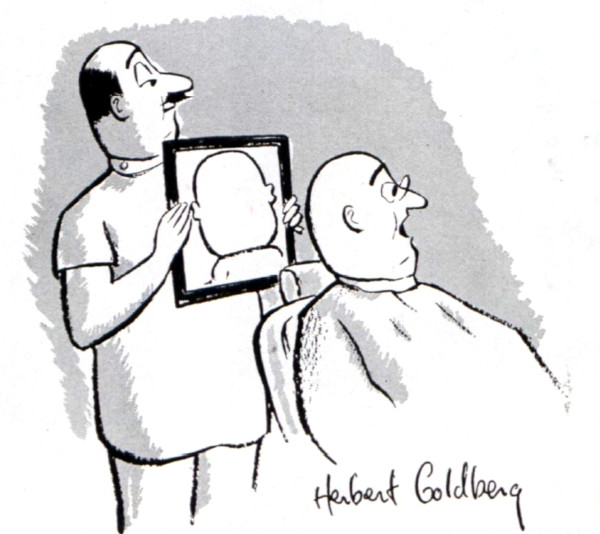 Barber holds a mirror to the back of a bald man's head to show him how that side looks.