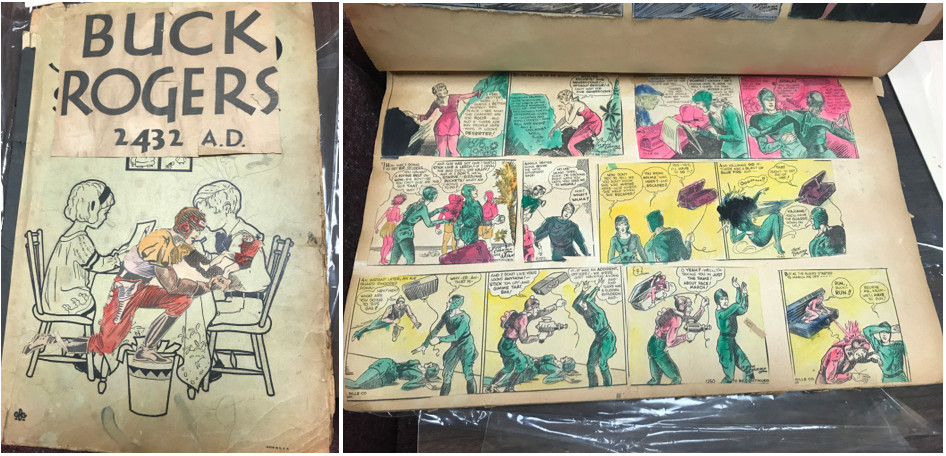 A Buck Rogers scrapbook Ray Bradbury made in his childhood, with some pages he colored-in.
