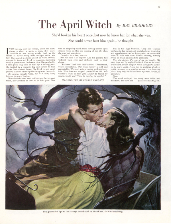 The first page of the short story, "The April Witch" by Ray Bradbury, as it appeared in the magazine.