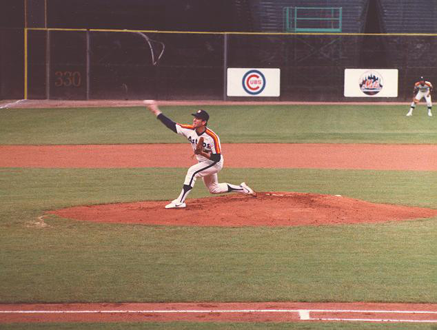 Nolan Ryan pitching for the Huston Astros during a Major League Baseball game.