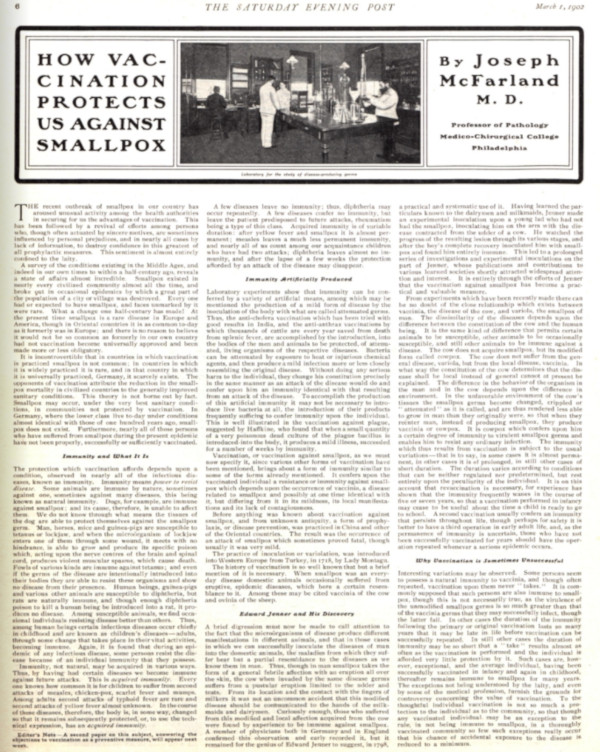 First page of the editorial, "“How Vaccination Protects Us Against Smallpox” by Joseph McFarland. This image links to the full article.