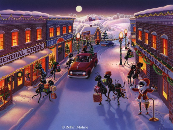 Fantasy image of ant people going Holiday Shopping in their snow-covered city.