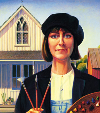 Robin Moline's self-portrait, with her posing like the farmer from the painting, "American Gothic"
