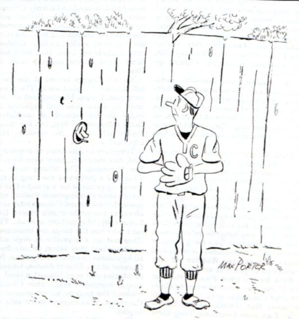 Man sticks his cigarette out of a wooden fence's knot-hole, asking an outfielder for a match.
