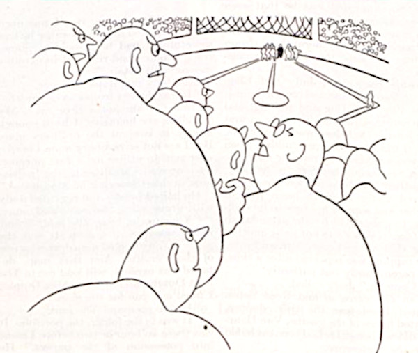 Men in a baseball stadium's stands criticise the umpires.