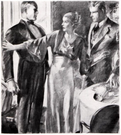 A butler is about to escort a man out of the room, but a woman tells him that it won't be necessary because the man is going to leave anyway.