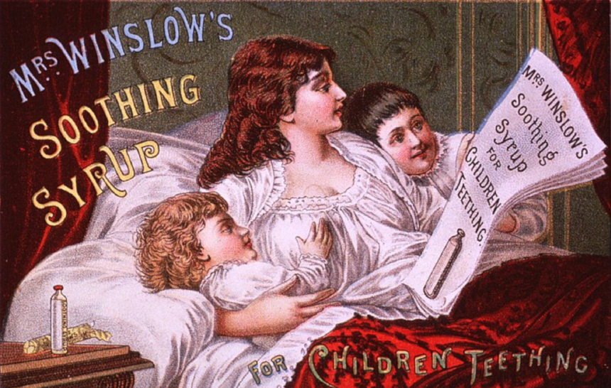 Ad for a morphine-infused syrup for teething children, from 1885. Depicts a woman in her two children in bed reading an ad for the syrup.