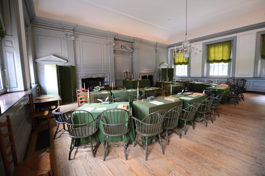 Chairs and tables set together in the meeting room in Independence Hall