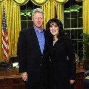 U.S. President Bill Clinton posing with White House intern Monica Lewinsky in the Oval Office