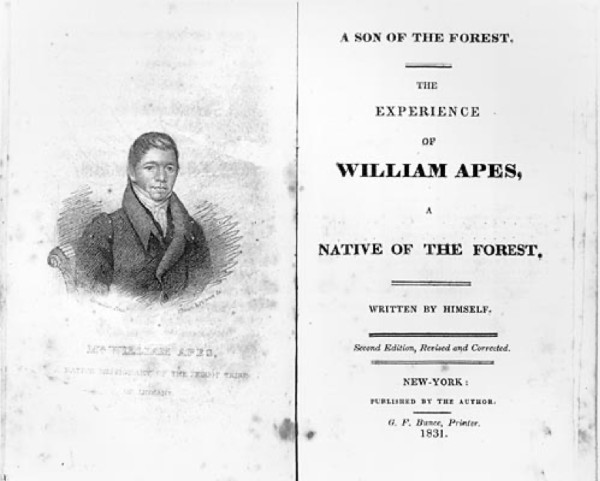 Inside pages of a book by William Apess, featuring an illustration of his face.