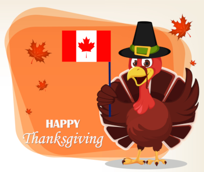 Cartoon turkey holding a Canadian flag. The greeting, "Happy Thanksgiving," is seen next to him.