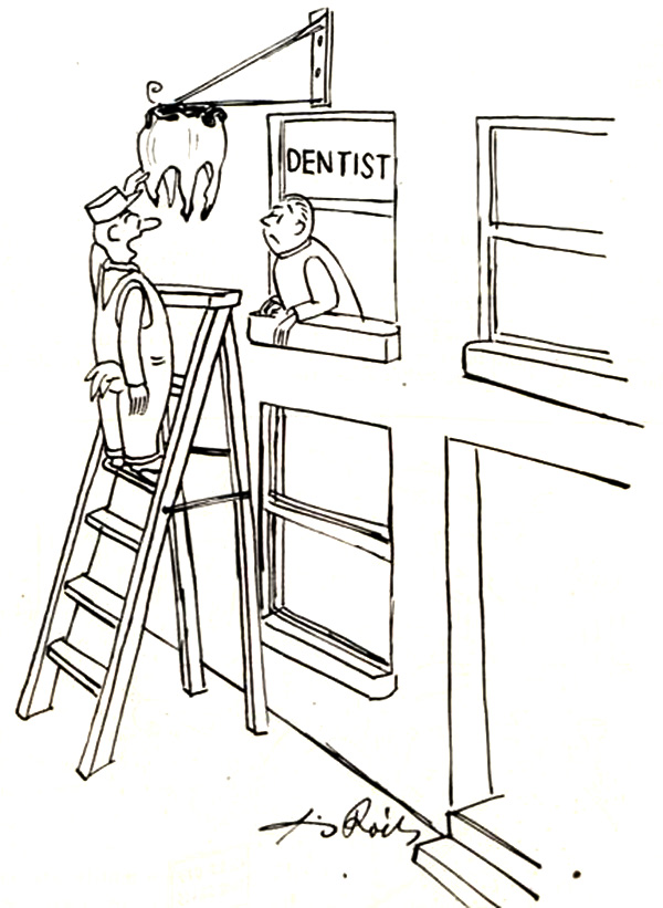 Contractor pulling down a tooth-shaped sign while he speaks to the dentist.