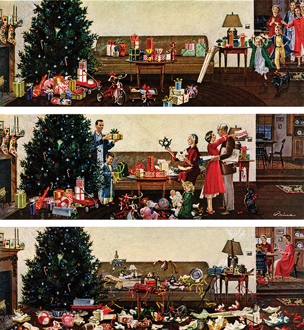 A series of illustrations showing how a family's Christmas morning progressed. In the first image, excited children dash into the living room towards the gifts under the tree. In the second image, the family exchange gifts. And in the final image, the family can be seen in the kitchen after having left a messy, gift- and wrapping paper-strewn living room.
