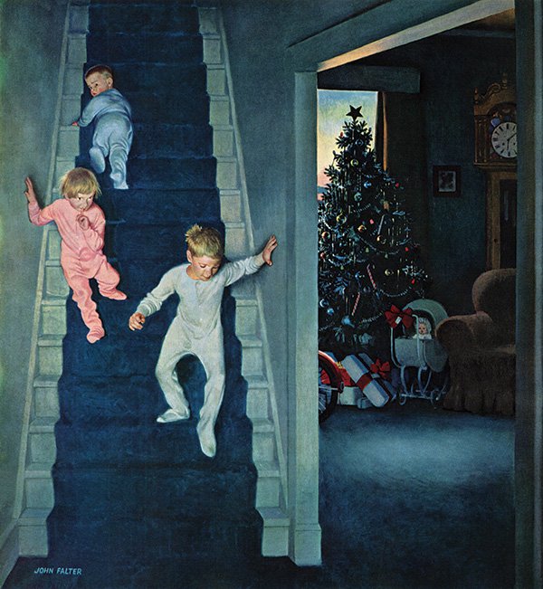 Children sneak down a staircase on an early Christmas morning to see the presents Santa Claus left them.