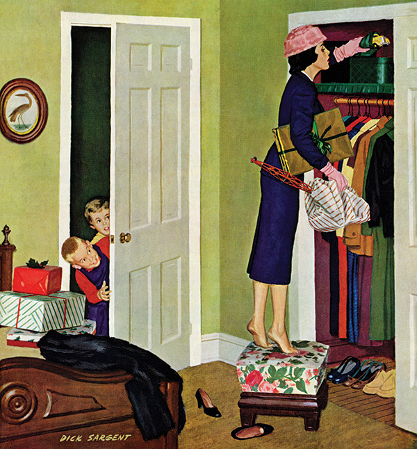 Two boys watch their mother hide Christmas gifts in her closet.