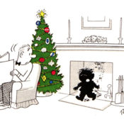 Soot-covered boy scrambles from a fireplace, after having inspected the chimney to see if Santa will fit through the passage.