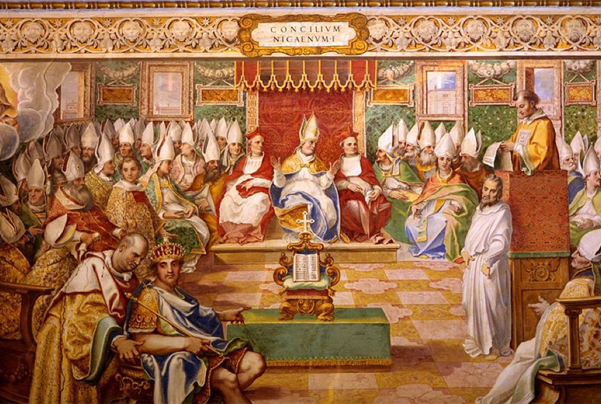 A mural depicting early Christians in debate at the Council of Nicaea