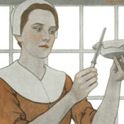 A woman in a Puritan dress cutting the excess dough off of a freshly-baked pie.