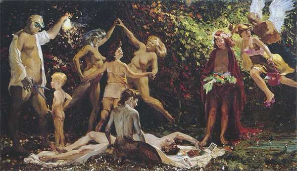 Painting featuring middle-aged revelers celebrating the arrival of autumn.