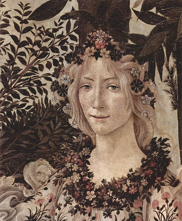A close-up detail of the goddess Flora, depicted in Sandro Botticelli's painting, Primavera.