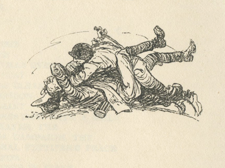 An illustration of two soldiers in hand-to-hand combat by Stanley Meitzoff, published in the World War II collection, "Puptent Poets of the Stars and Stripes"