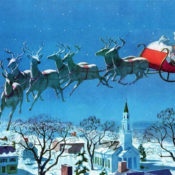 Santa and his sleigh being pulled by his eight reindeer.