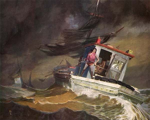 A sailor caught in a squall while on the high seas.