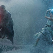 Kylo Ren and Rey fight a lightsaber duel in pouring rain during Star Wars: The Rise of Skywalker