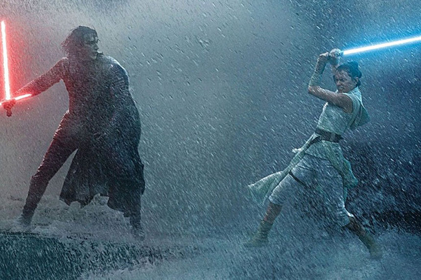 Kylo Ren and Rey fight a lightsaber duel in pouring rain during Star Wars: The Rise of Skywalker