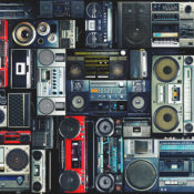 A collection of old stereos and boomboxes