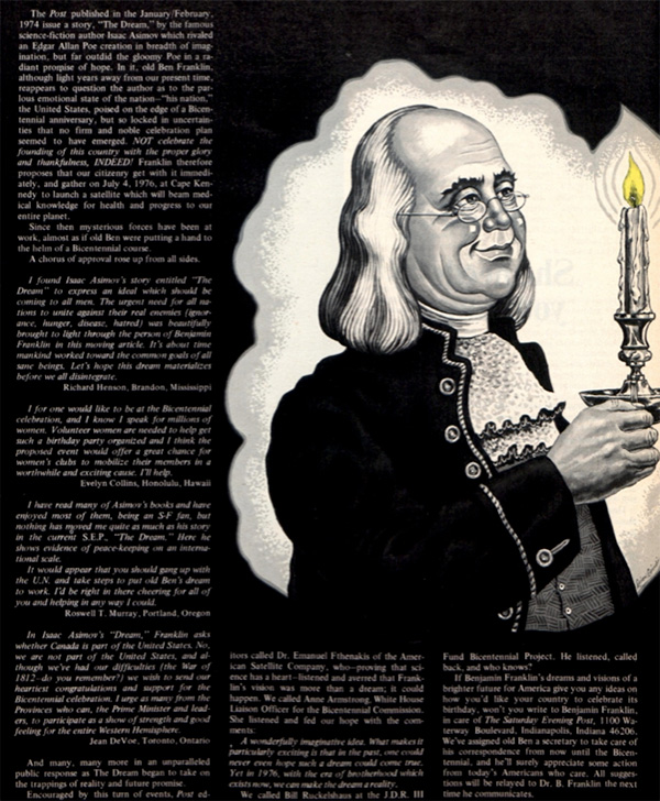 First page of the Post article, "Benjamin's Dream", by Isaac Asimov. Features an illustration of Ben Franklin holding a candle.