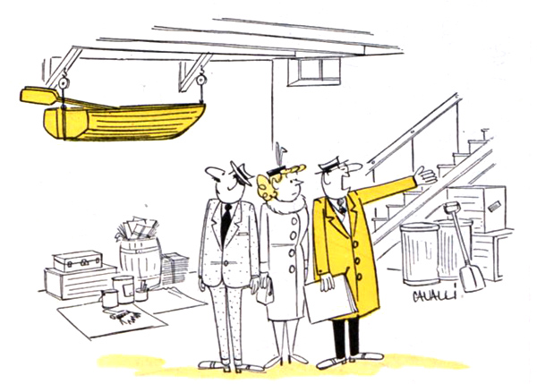 Real estate agent describes a basement to potential buyers, one of whom notices a lifeboat hanging off of the ceiling. 