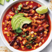 A bowl of Curtis Stone's 5-veggie and 3-bean chili