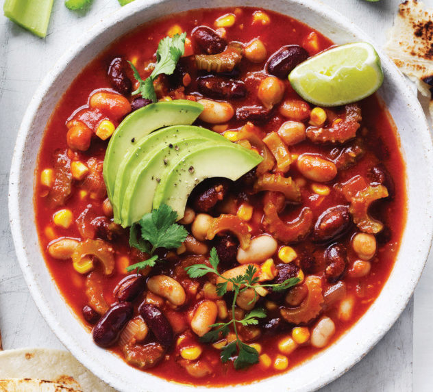 A bowl of Curtis Stone's 5-veggie and 3-bean chili