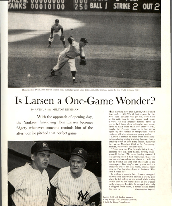 The first page of the Post article, "Is Larsen a One-Game Wonder" by Arthur and Milton Richman.