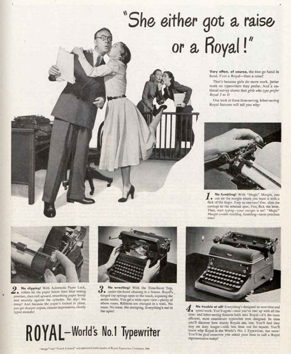 A vintage Royal typewriter ad featuring a mid-20th century woman kissing her boss because of his gift of a typewriter.